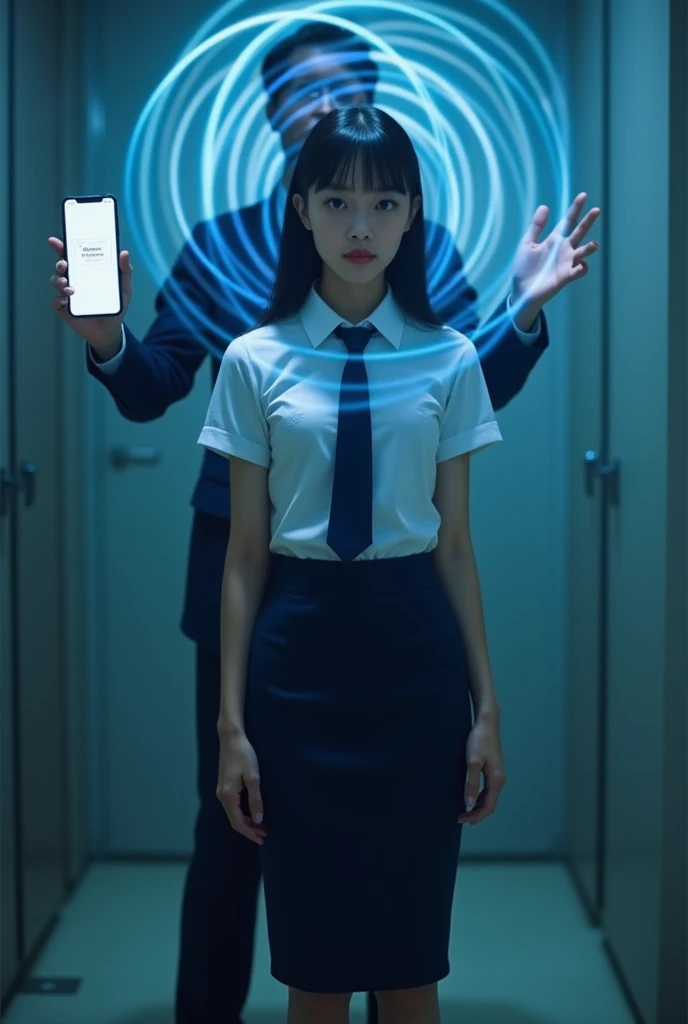 Sexy beautiful Japanese woman, 25 years old, self-defense officer, uniform, navy blue tie, white shirt, short sleeves, navy blue pencil skirt, black enamel high heels, turns around, mysterious person standing behind her holds up a smartphone in front of he...