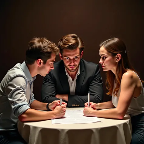 3 people,  a beautiful men and two women,  gathered at a round table , with a movie script ,  on a sheet of A4 paper .  between 20 and 25 years old .  realistic image and real human proportions.  High resolution and photographic quality. 