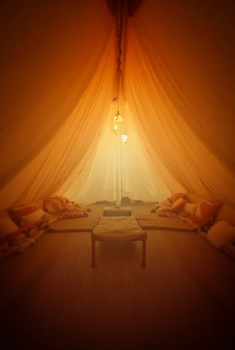 Interior of a giant camping tent, with a comfortable and spacious interior, like a house and small museum, plenty of space with a table to eat, hanging lamp and pillows. Magic tent. Harry Potter Style vibes of tent, like a magical inside. Wame ald soft.