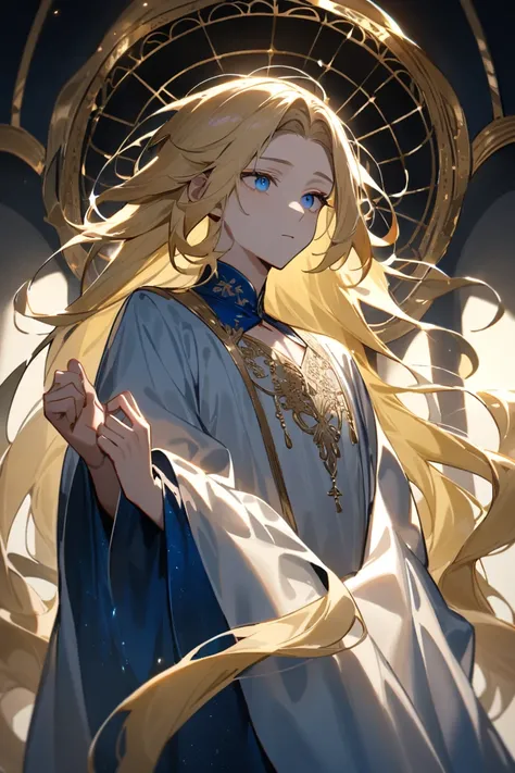 Young man, blond hair and blue eyes, in a flowing robe of shimmering silk that clings to his lithe form, the color a deep, rich blue that complements his fair hair and pale complexion. Delicate embroidery adorns the neckline and hem, catching the light wit...