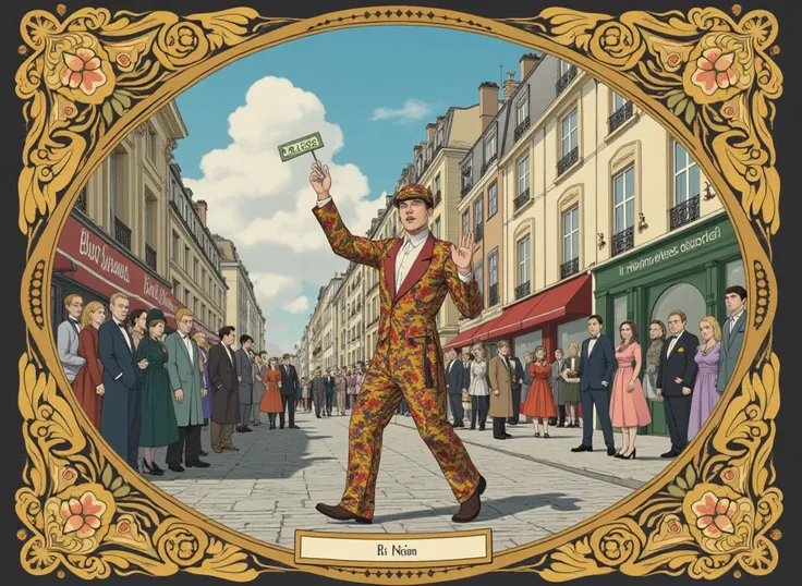 Aries２ of Aries 1 「A comedian entertaining a group.」 Please continue to create the following prompts to create a light-colored anime/manga style “decorated with an Art Nouveau frame” with FLUX。Note that the central character is a male street performer 。 Th...