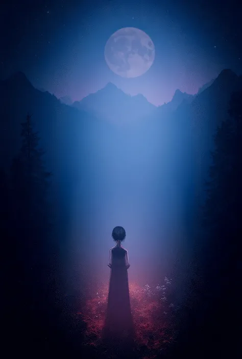 Forest with mountains , Night, starry sky,  red shimmering light ,  Asian beautiful woman in the distance