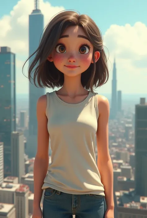 A friendly giant girl named Leonie aged s Leonie is bigger than a skyscraper the girl is wears a sleeveless T-shirt sie ist ein Teenager Mädchen 16 jahre total süß niedliche sommersprossen im Gesicht 