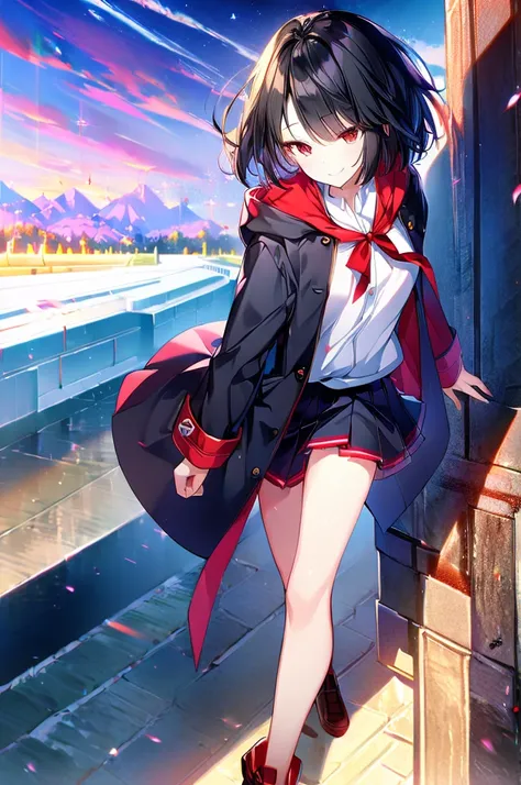 masterpiece, highest quality, highest quality, (no text), Beautiful and aesthetic:1.2),no text,anime、break,anime、break、 one girl、 dark haired girl short hair　 Slit Eyes Boyish 　adult　 beautiful eyes　red eyes, cool smile　 skirt　Black coat　plain clothes full...