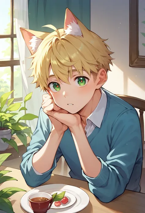 male　Short Hair　Blonde　 green eyes　 slender　Cat ears　Tail　bL　 heart eyes 　 big eyes　noble　garden　Tea Ceremony　whole body　Black tea　 table 　Best