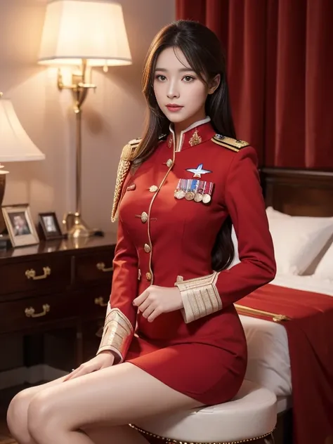 masterpiece, super detail, best quality, 8k, beautiful female officer in a red military full-dress uniform, flat chested