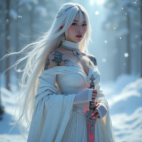 1girl, Solo, she have attractive,hot and sexy body, absurdle long hair, background Frost, fantasy world, frozen clothes, tattooed body, earring jewelries, 8k, hd, bandages covering our body, snow woman, red aura coming from her body, chest armour, clothes ...