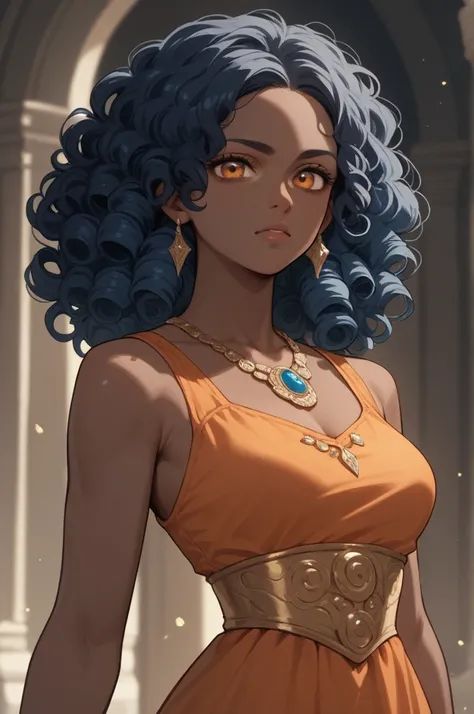 a 23 year old woman, dark skin, dark blue curly hair, orange eyes, is wearing a rpg princess dress