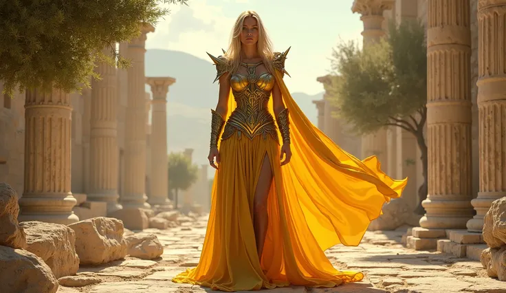 A powerful fantasy warrior standing in the heart of ancient Greek-inspired marble ruins, surrounded by broken columns and olive trees swaying in a strong breeze. Her intricately designed armor of gold and bronze glistens in the intense sunlight, reflecting...