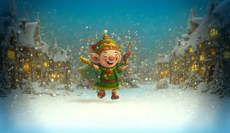 cartoon style "A festive Christmas elf dressed in traditional holiday attire, featuring green and red clothing with golden accents and a small bell-tipped hat, joyfully running through a snow-covered village. The village is illuminated with sparkling Chris...