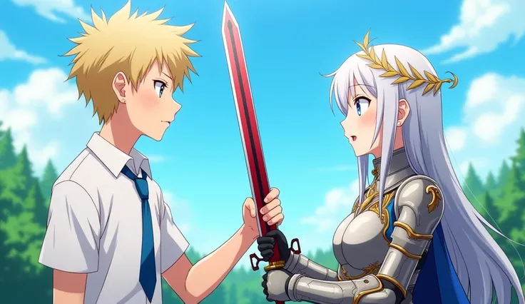 Image is an anime-style illustration featuring On the left, a young man with short, tousled blonde hair and fair skin is depicted wearing a white shirt and blue tie, holding up his hand in a defensive gesture hold the sword . On the right, a young woman wi...