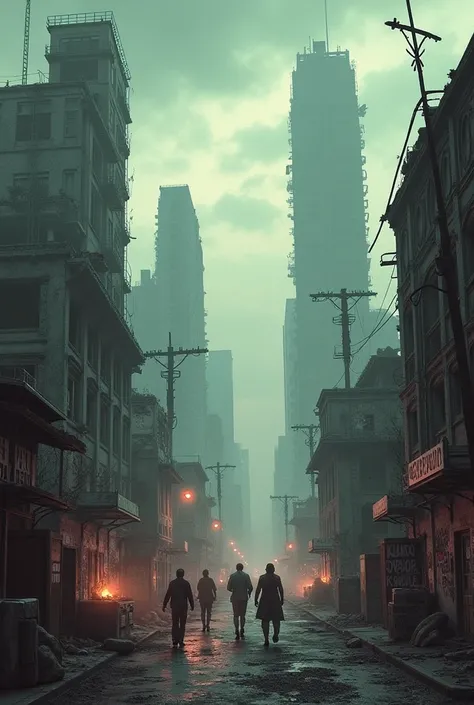 Design a post-apocalyptic city with makeshift settlements and dangerous raiders.