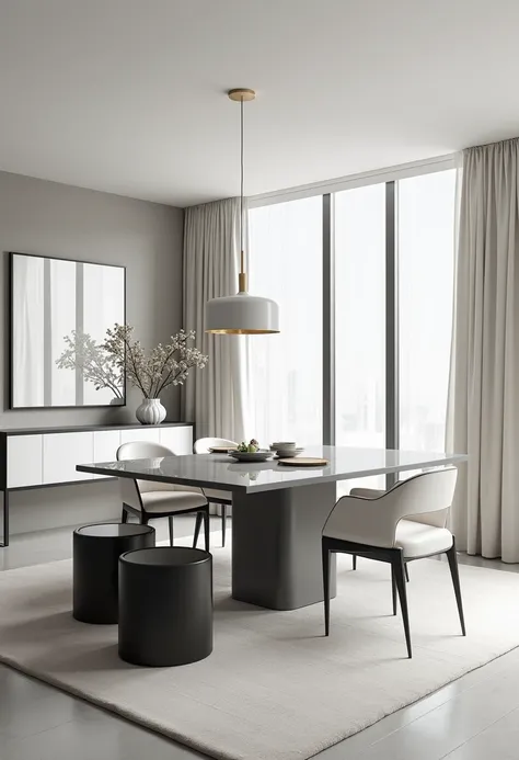 PROFESSIONAL ARCHITECTURAL 3D RENDERING OF THE INTERIOR DESIGN OF A VERY MODERN AND VERY MINIMALIST AND STYLISH  Dining ROOM WITH MODERN AND STYLISH AND MINIMALIST FURNITURE IN GLOSSY GRAY AND MORE EXPENSIVE AND GLOSSY VELVET AND CURTAINS MADE OF WHITE SIL...