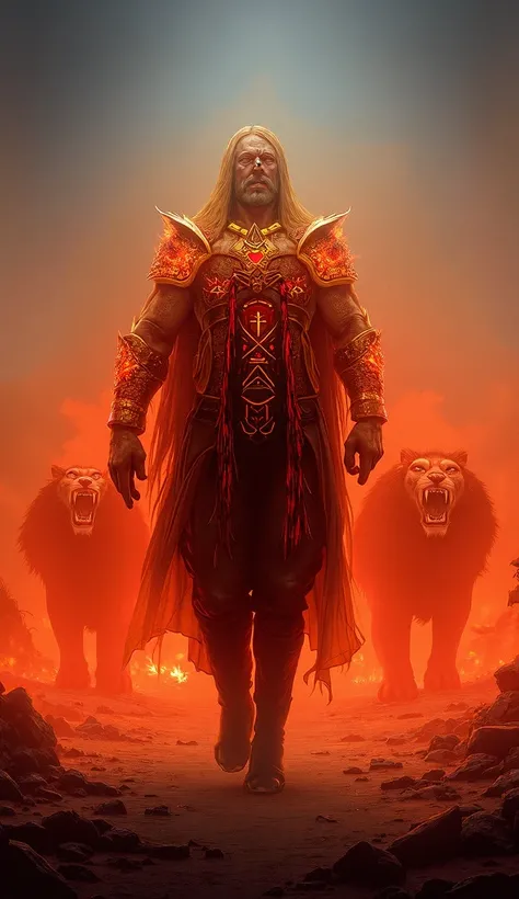 
 “An imposing guardian of Emberstone ,  with a shining armor of glowing stones and flaming runes,  Walking toward the camera . Behind him,  advance two giant and ferocious lions , one on the left and one on the right,  with muscular bodies and a mane of f...