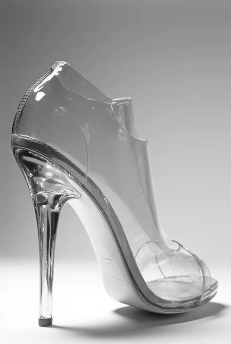 A transparent high-heeled shoe with a slim, clear stiletto heel, featuring a minimalist design. The shoe includes clear straps and an open-toe style, with a glossy finish that reflects light.