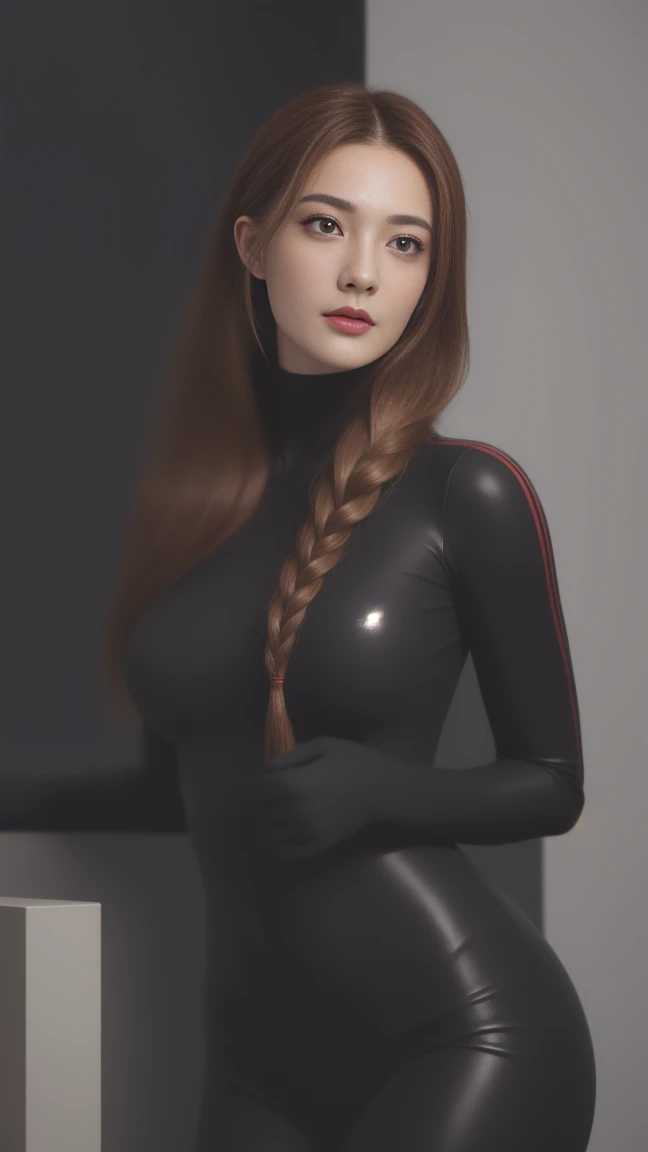 (masterpiece:1.1), (top quality:1.1), Whole body, short hair, good anatomy, lock of hair, (1 girl:1.2), (detailed face and eyes:1.25), long scarlet hair, Two thick braids,Brown eyes, facilitates ,( skintight suit), big breasts,split:1.2), blush, I&#39;m lo...