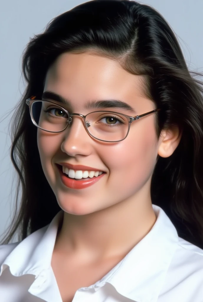 (masterpiece, best quality:1.3), 1girl, Alone, front view,
she wear white shirt.,
young Jennifer Connelly at age 15, 
she wears silver rim glasses.,
(the immaculate whiteness of her skin is accentuated.),
with cute face yet with precocious female body,
no ...