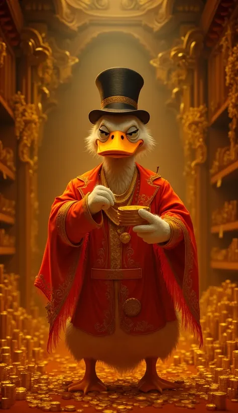 "A rich anthropomorphic duck in a red coat and black top hat, holding a gold coin inside a vast golden treasure vault with neatly stacked gold coins and shelves of valuables in the background, bright and vibrant lighting."
