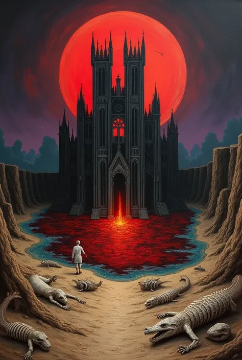 oil painting of a barren landscape, with skulls and half-buried bones, in the background a violet and black sky, with a red full moon, in the middle ground a gothic style castle with large towers and altarpieces, surrounded by lake of lava and fire, there ...