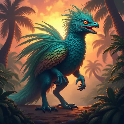 "Design a hybrid creature that seamlessly merges the features of a Resplendent Quetzal and a Komodo Dragon. The creature should have the body of a Komodo Dragon, scaled and powerful, but adorned with the vibrant, iridescent feathers of the Resplendent Quet...