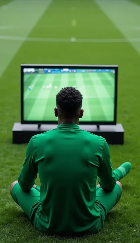  Extremely realistic image ,  man sitting on a soccer field, watching TV. Hes wearing green clothes . 