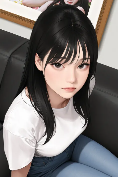 1 Korean woman,Alone, top quality, masterpiece, 8k,Raw picture, picture (Object),  very detailed , Raw, realistic, Sitting ,  Im looking at the viewer, jeans, white t-shirt, long hair, Black Hair , couch,