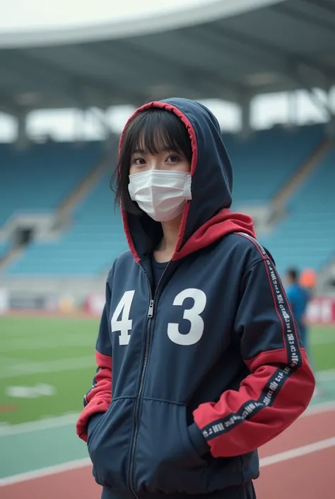 arafed image of a woman wearing a mask and a hoodie, wearing track and field suit, chiho, very very low quality picture, standing in a stadium, photogtaphy, low quality photo, low quality photograph, aoshima chiho, standing!!, iphone capture, cheering, low...