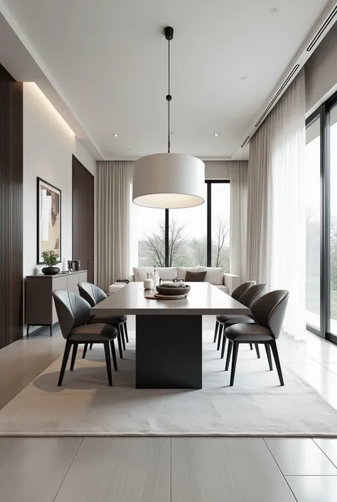 PROFESSIONAL ARCHITECTURAL 3D RENDERING OF THE INTERIOR DESIGN OF A VERY MODERN AND VERY MINIMALIST AND STYLISH  Dining ROOM WITH MODERN AND STYLISH AND MINIMALIST FURNITURE IN GLOSSY GRAY AND MORE EXPENSIVE AND GLOSSY VELVET AND CURTAINS MADE OF WHITE SIL...