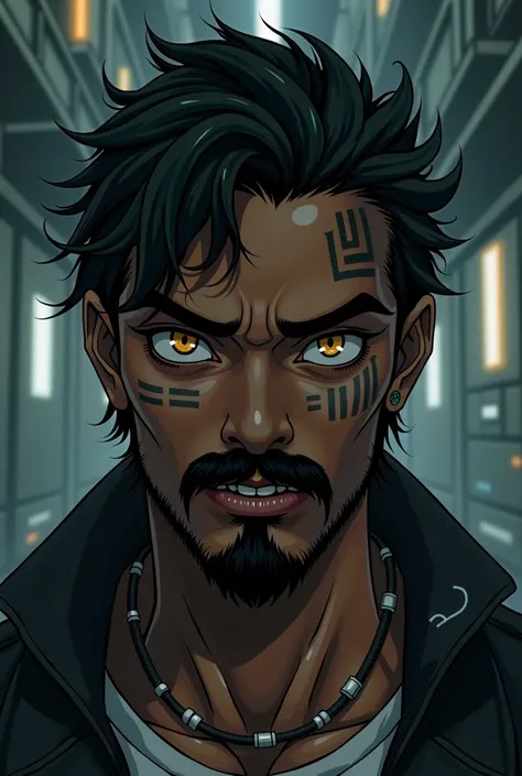  black hair, ojos amarillos, Arabian skin ,  young man,  cyberpunk factory , businessman, ganster, thick moustache , African, Anime style, ritual marks on the skin,  deep look , portrait, Cyberpunk , Psychopathic expression