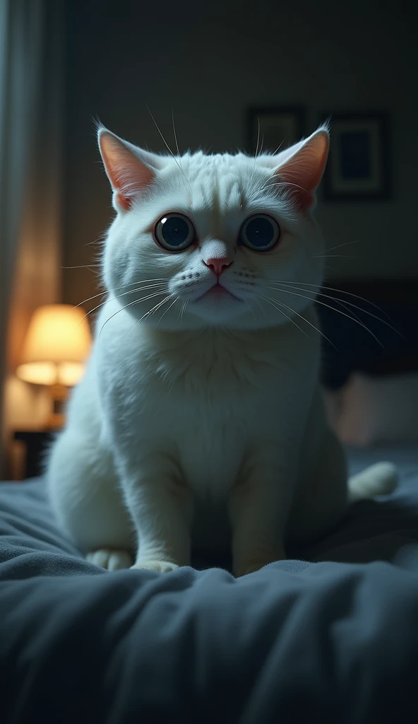 The white muscular cat’s eyes widen in fear. The room is dark, with a bedside lamp nearby.