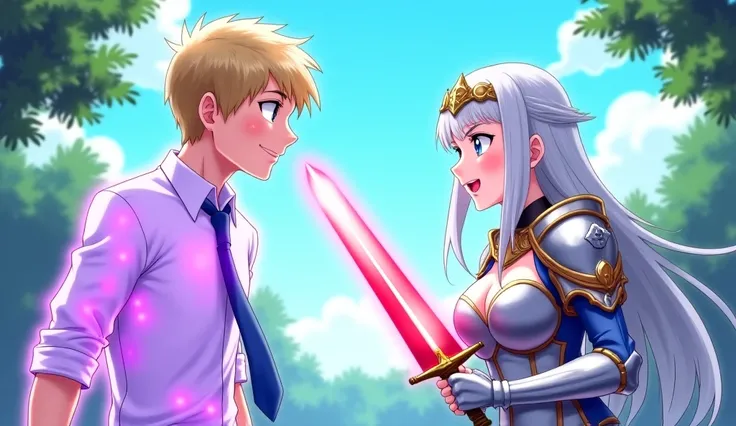 Image is an anime-style illustration featuring a woman attacks a man. On the left, a young man with short, his body gave off a glowing purple aura, tousled blonde hair and fair skin is depicted wearing a white shirt and blue tie, holding up his hand in a d...