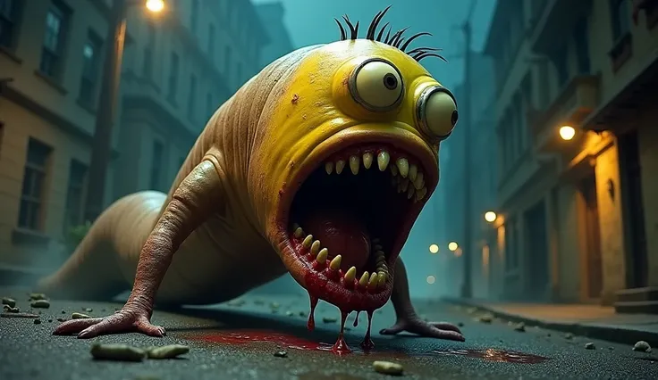 A gaint Earthworm having head of character yellow minion having two eye opening big creepy mouth having bloody teeth attack on public at creepy night street