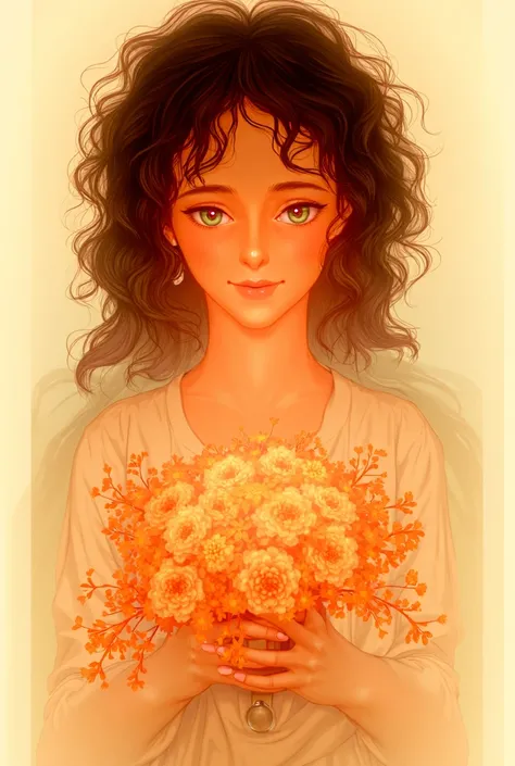  Beautiful girl with curly hair, Pulled into the tail, she has green eyes. holding a bouquet in his hands.  high quality, poster, Straight lines. disney style.