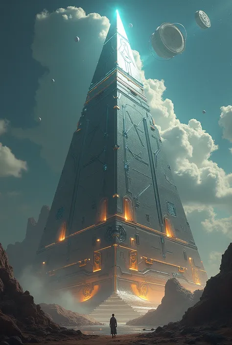 "A pyramid built by an advanced civilization that existed on Earth before humanity. Unlike traditional human-built pyramids, this structure has a futuristic and sleek design, with a metallic, glossy surface and glowing energy lines running along its edges....