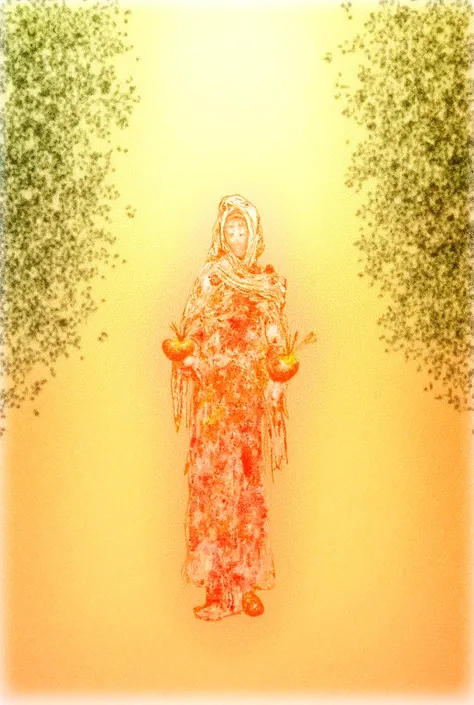 A watercolor picture of a Tunisian woman in traditional dress collecting olives