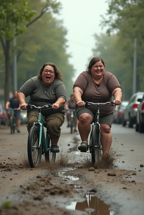  Funny photos of fat women falling off bikes and with men on muddy, potholed streets,they ride bikes  , Realistis 