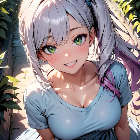 (Highest quality:1.24K, 8K, Very detailed, Latest, Vibrant, High detail, masterpiece:1.2, Highest quality, Best aesthetics), (((1 Girl))) wearing a light blue dress, Open your mouth slightly:1.2, smile, (Light purple hair, Voluminous side ponytail),  green...