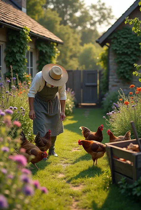 In the soft light of a late afternoon, a peaceful cottage garden comes to life with the quiet presence of chickens and hens. A man, their face obscured by the wide brim of a straw hat, bends down in the grass, scattering handfuls of grain for the chickens ...