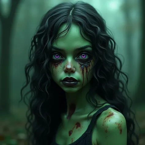 Beautiful green rotting zombie girl The girls purple eyes were beautiful.The rotten girl had long curly hair.