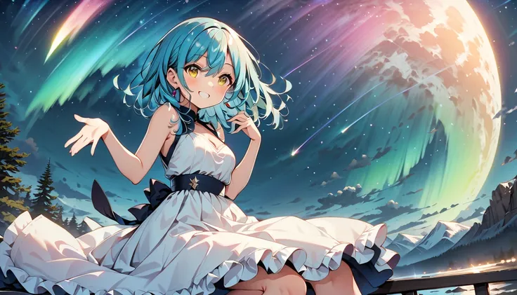 1 girl, Blue hair, yellow eyes in star, ride a shooting star, smiling, in the night sky, many shooting stars, aurora, moon, white dress, sky high, happy pose,