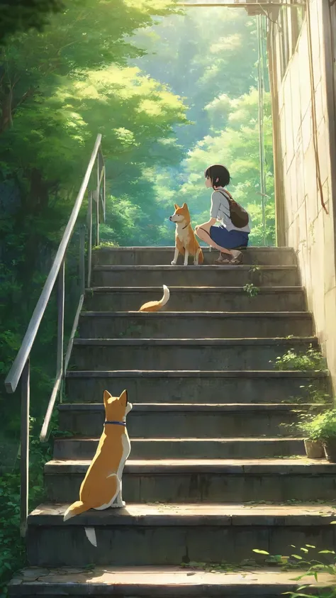 Makoto Shinkaiテイスト、An anime girl is sitting on the stairs with her Shiba Inu puppy, beautiful Anime Scene, Anime Nature wallpap, Anime Background art, Anime Background, beautiful Anime Scenery,  animation beautiful peaceful scene , Anime Wallpaper, Anime N...