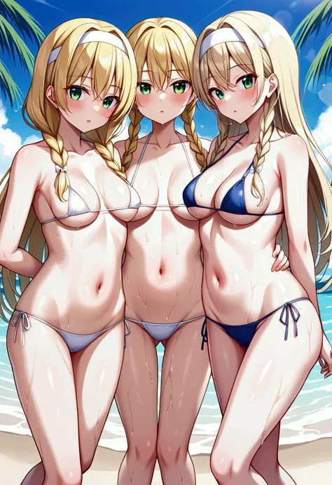  girl、 micro bikini for 4 people、 green eyes、 white headband 、 braids,blonde hair,beach,wet