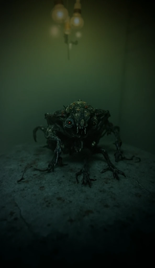 "A dimly lit, eerie bedroom with an old, flickering bulb hanging from the ceiling, casting unsettling shadows across the room. On the bed, a terrifying horror animal moves slowly and unnervingly, its grotesque, nightmarish form partially obscured by the di...