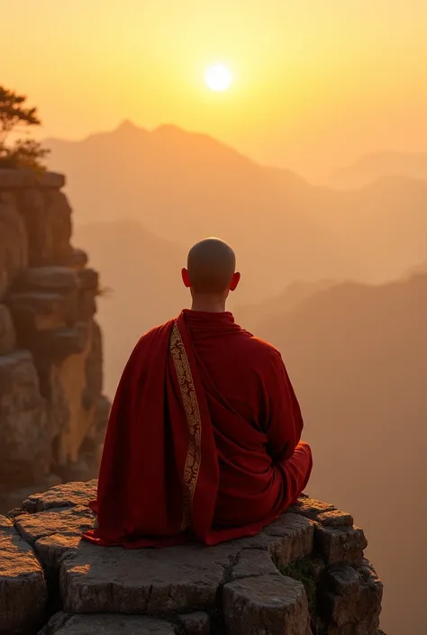 IMG_5421.CR2: ((Masterpiece)), ((ultra-detailed, 8k quality)), (top quality), (best composition), (high resolution), serene monk meditating atop a high cliff, wearing a red robe with subtle golden embroidery and small jingling bells along the edges, golden...