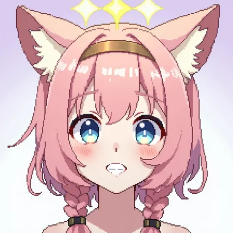 1girl, Masterpiece, HD, Short Hair, Bangs, Braid, Twin Braids, Fox Ears, Blush, Blue eyes, Smile, Pink Eyes, Nose Blush, Shy, Flustered, POV, Jewelry, Hair Ribbon, Halo, Mouth Mask, Sparkle, Pixel Art, Pixar, Pixel Assets, 3D Rendering, 