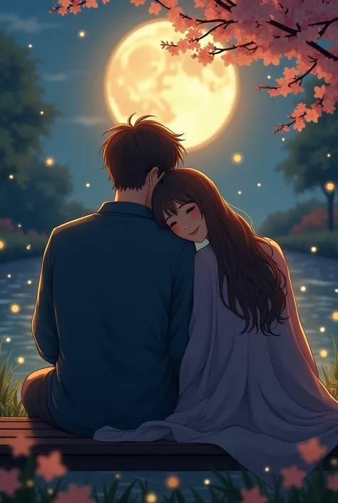  A romantic scene features a pair of lovers gazing towards the camera smiling under the gentle moonlight,  sitting close together on a wooden bench in a quiet garden .  The woman has long flowing hair and rests his head on a mans shoulder ,  while the man ...