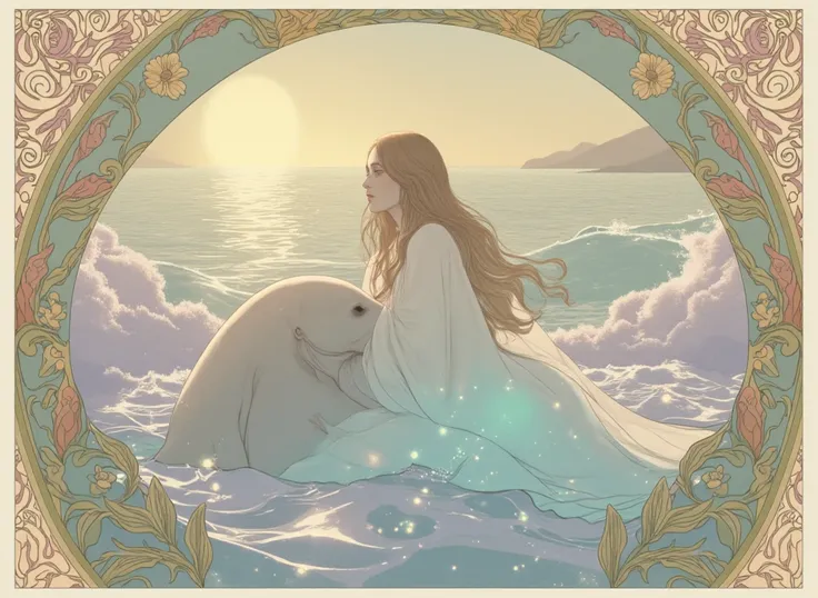 ((Anime style, manga aesthetic, highly detailed, vibrant colors, dynamic lighting, soft shading, 8k resolution, masterpiece))

Create a visually stunning scene inspired by the Aries 1° Sabian Symbol, "A woman has risen out of the ocean, and a seal is embra...