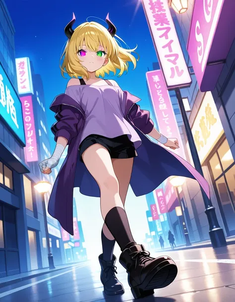 Score_9, Score_8, Score_7, Score_6, Score_5, Score_4, (High quality anime art), (Anime girl), ((Solo)), (Low angle shot: 0.5), (Detailed face), (Green left eye, purple right eye), elegant, (Medium hair, blonde, middle part Bang, small upward black demon ho...