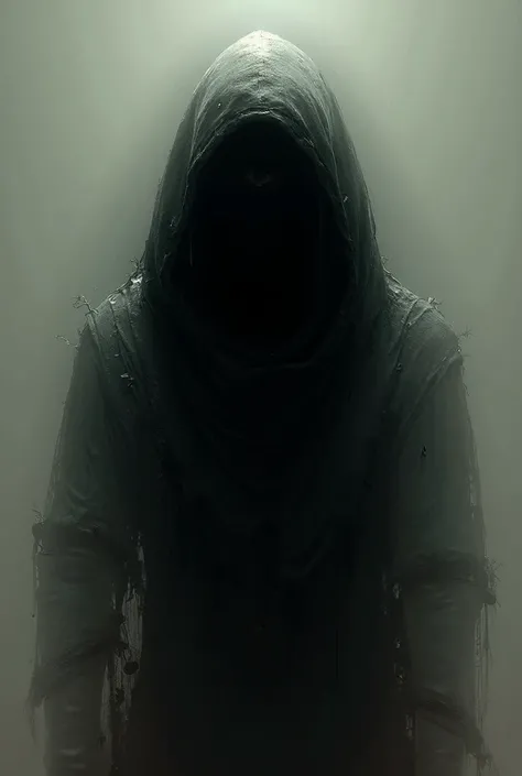  An image focused on terror :      A hooded man,  with torn clothes and bands on his clothes ,  those clothes being filled with blood ,  and the man having no face , just a black void , without eyes, mouth or nose,  just a right eye drawn and scrawled in a...