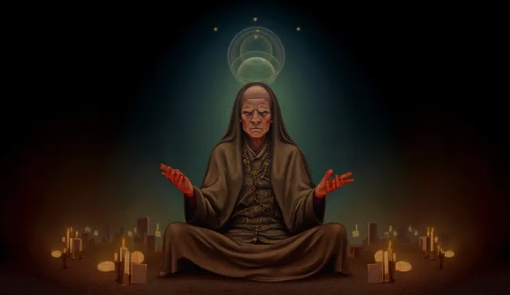 "A classic illustration of Baba Vanga with her eyes closed, surrounded by cosmic energy. She is in an ancient setting, perhaps a cave or room lit by candles, with her hands raised in a gesture of receiving the universe’s energy. In the background, a starry...